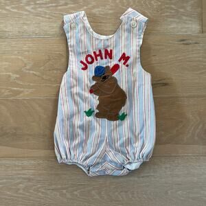 Vintage Kelly's Kids Striped Shorts Romper Bear Playing Baseball John M. sz 2